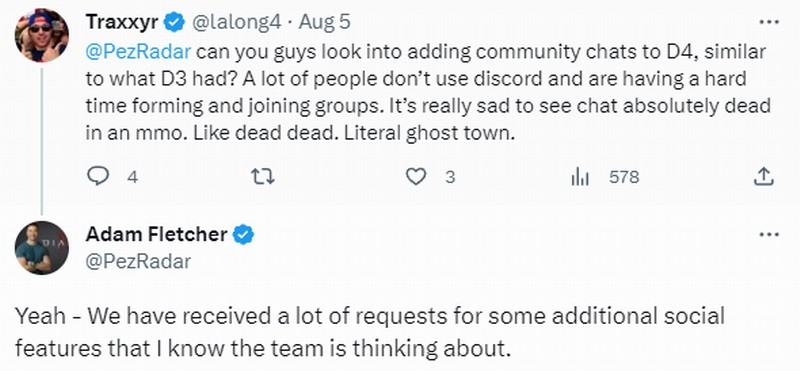 《暗黑破坏神4》开发团队考虑添加更多社交功能